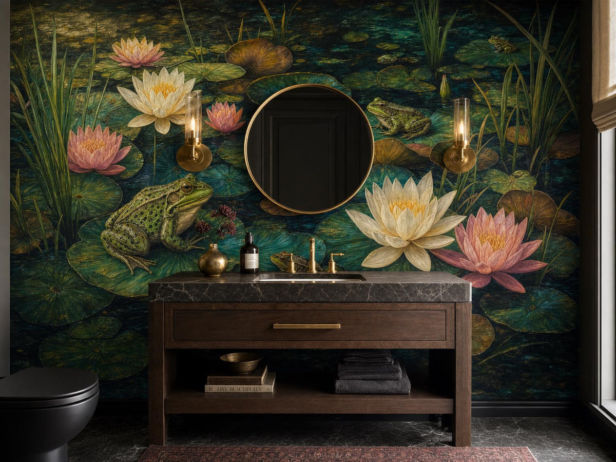 Dark lily pond wallpaper with frogs and ivory blooms behind a wooden console and a round mirror
