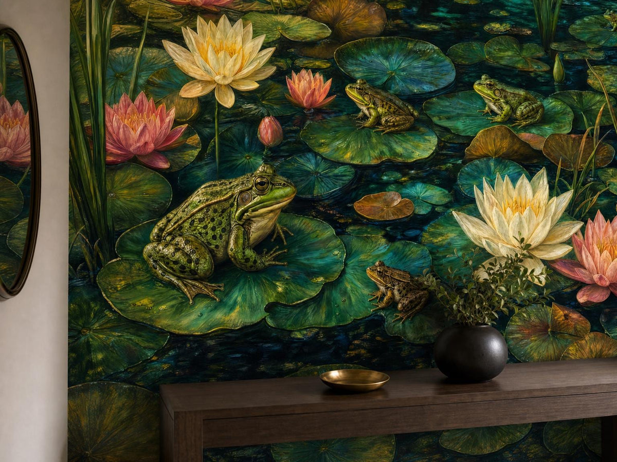 Close view of a speckled green frog on a lily pad among pink and ivory water lilies