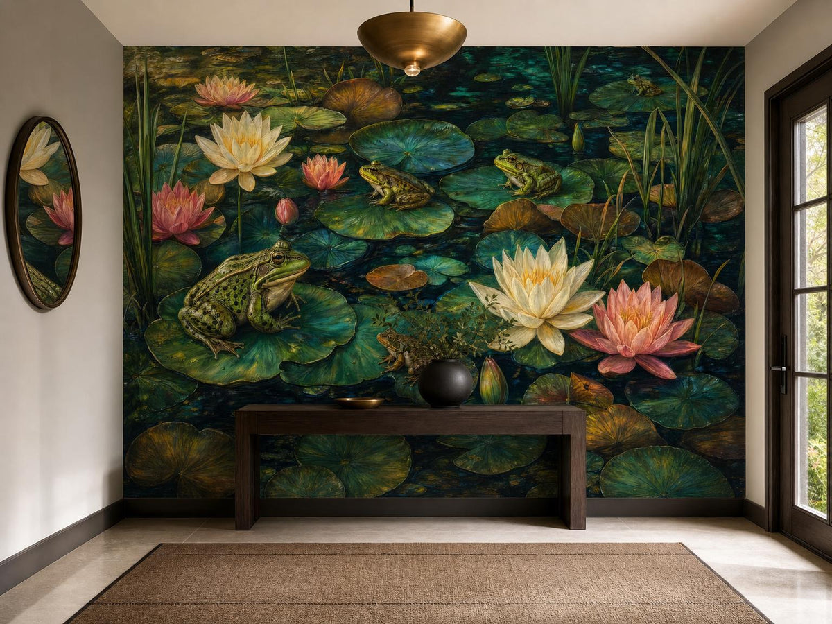 The lily pond wallpaper across a hallway wall, with a dark bench and a brass pendant
