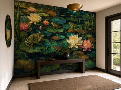 Hallway corner with the frog pond wallpaper, a wooden bench and a bright window