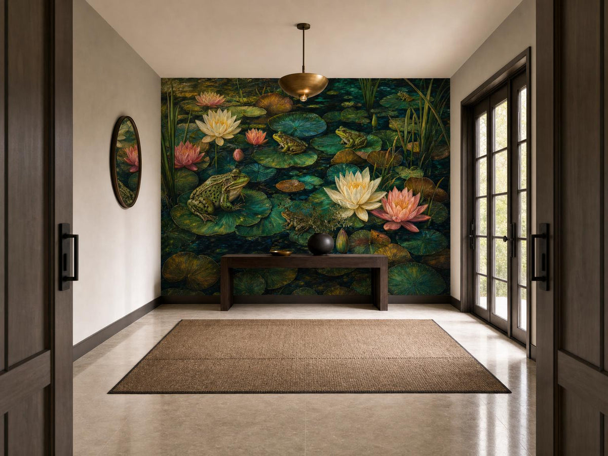 Long hallway with the lily pond wallpaper on the end wall and glazed doors