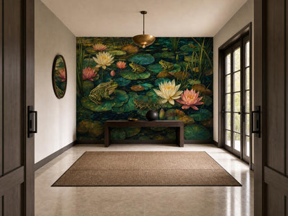 Long hallway with the lily pond wallpaper on the end wall and glazed doors