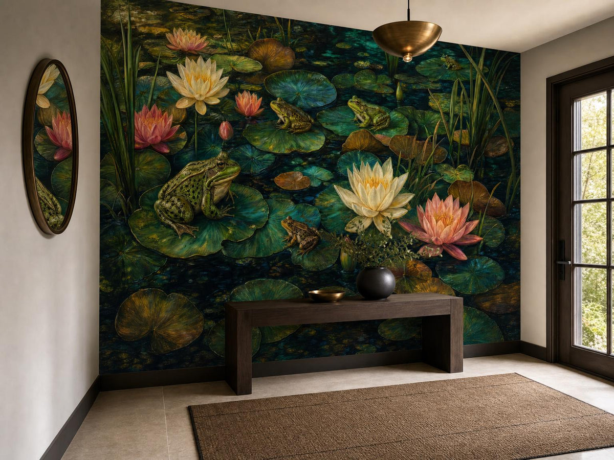 Entry wall with the frog pond wallpaper, an oval mirror, dark bench and jute runner