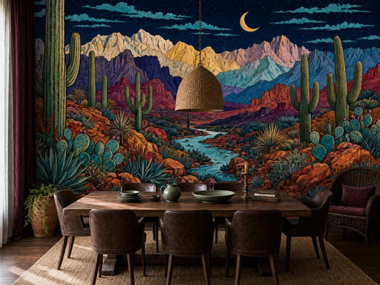 Moonlit desert mural with saguaros and coloured mesas behind a dark dining table and woven chairs
