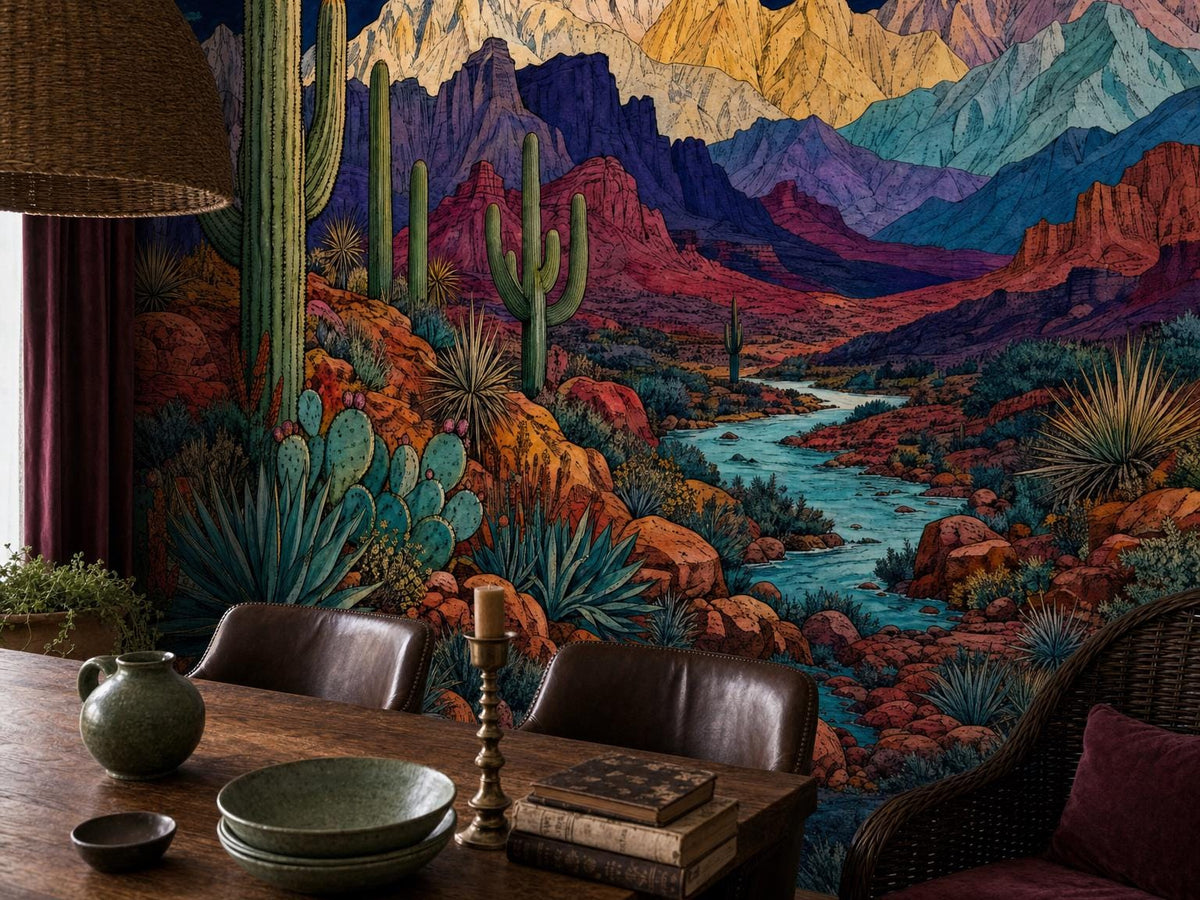 Close view of the turquoise creek, prickly pears and magenta mesas in the desert mural