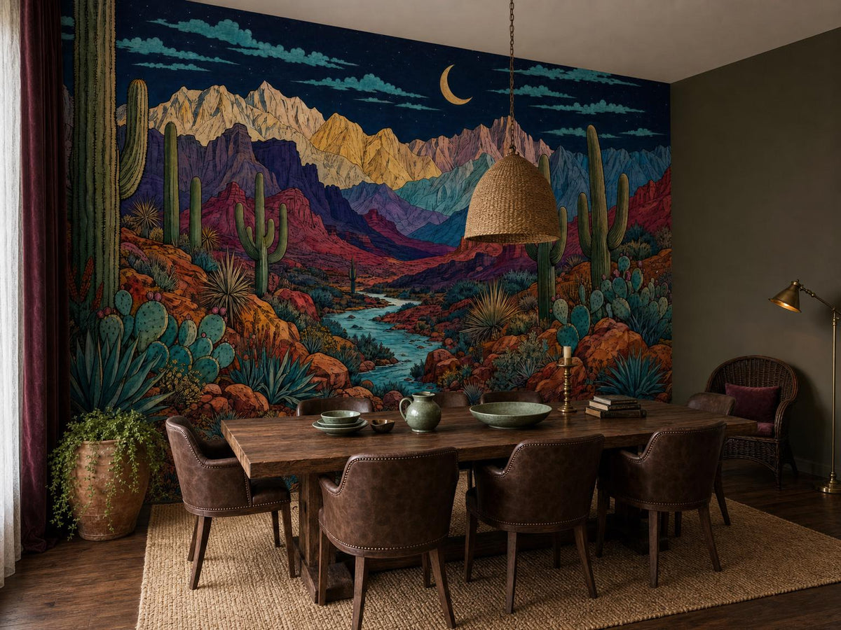 Dining room corner with the moonlit desert mural, a long table and a jute rug
