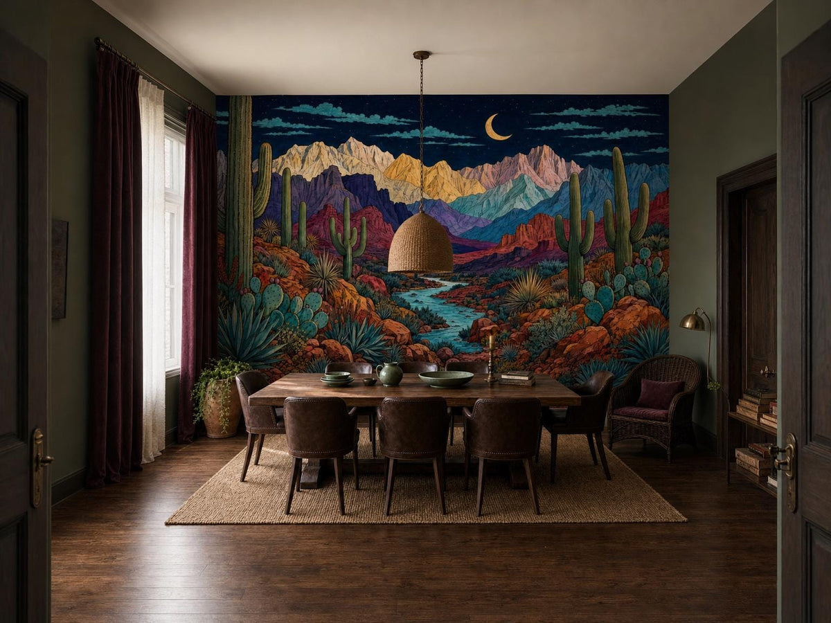 Wide dining room with the desert mural, a dark wood floor and a bright doorway