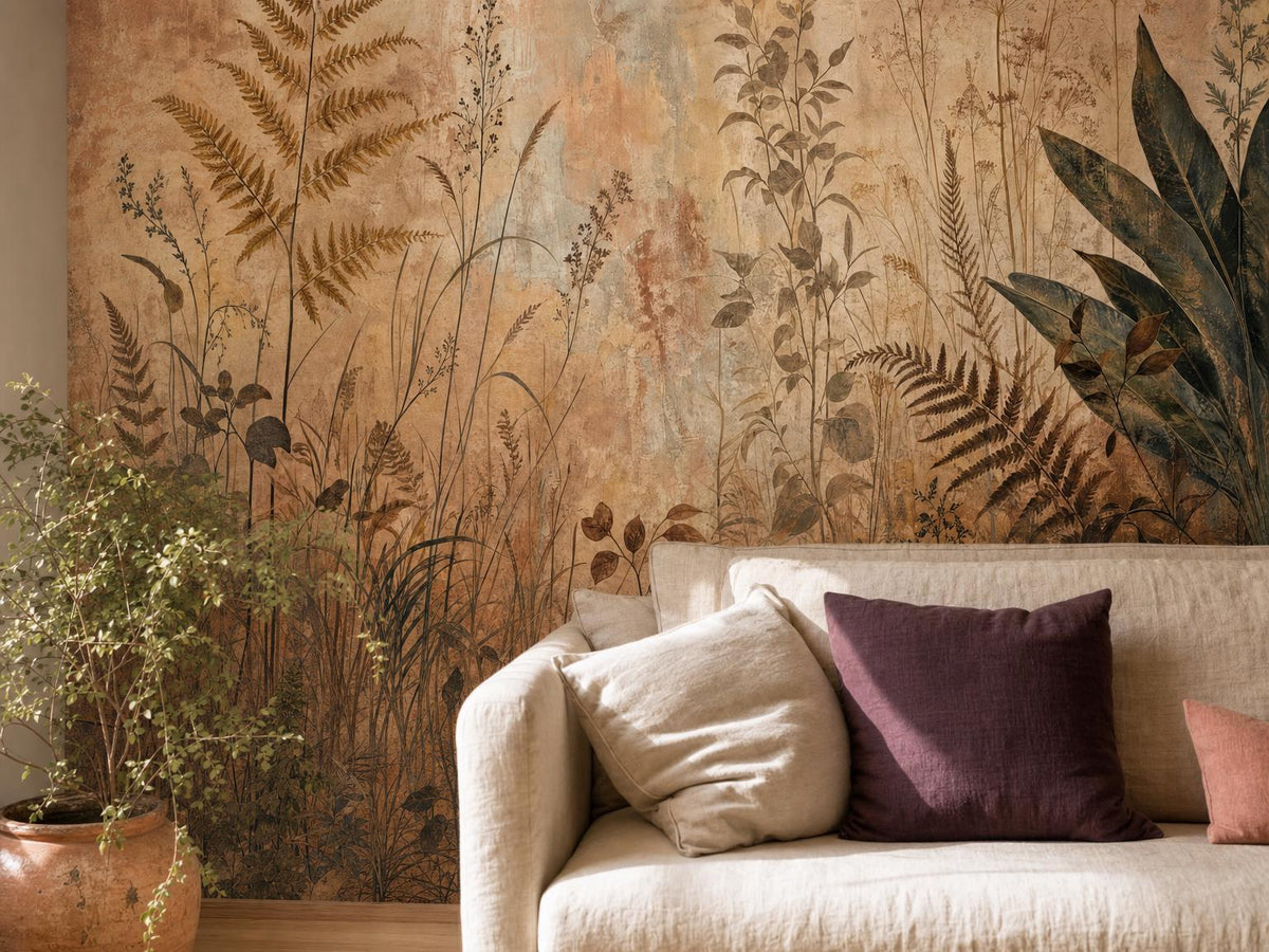 Close view of ferns, wild grasses and a large green leaf in the meadow mural, beside a linen sofa with plum cushions