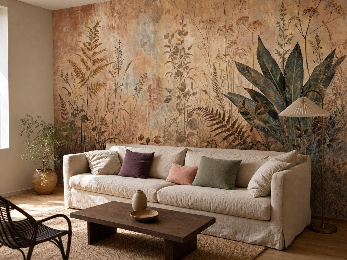 Wildflower meadow mural behind a slipcovered linen sofa with a dark wood coffee table and a rattan chair