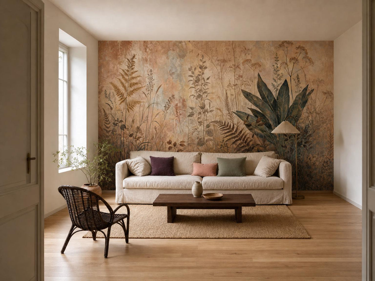 The meadow mural across a full wall beside a window, with a linen sofa, low wooden table and oak floor