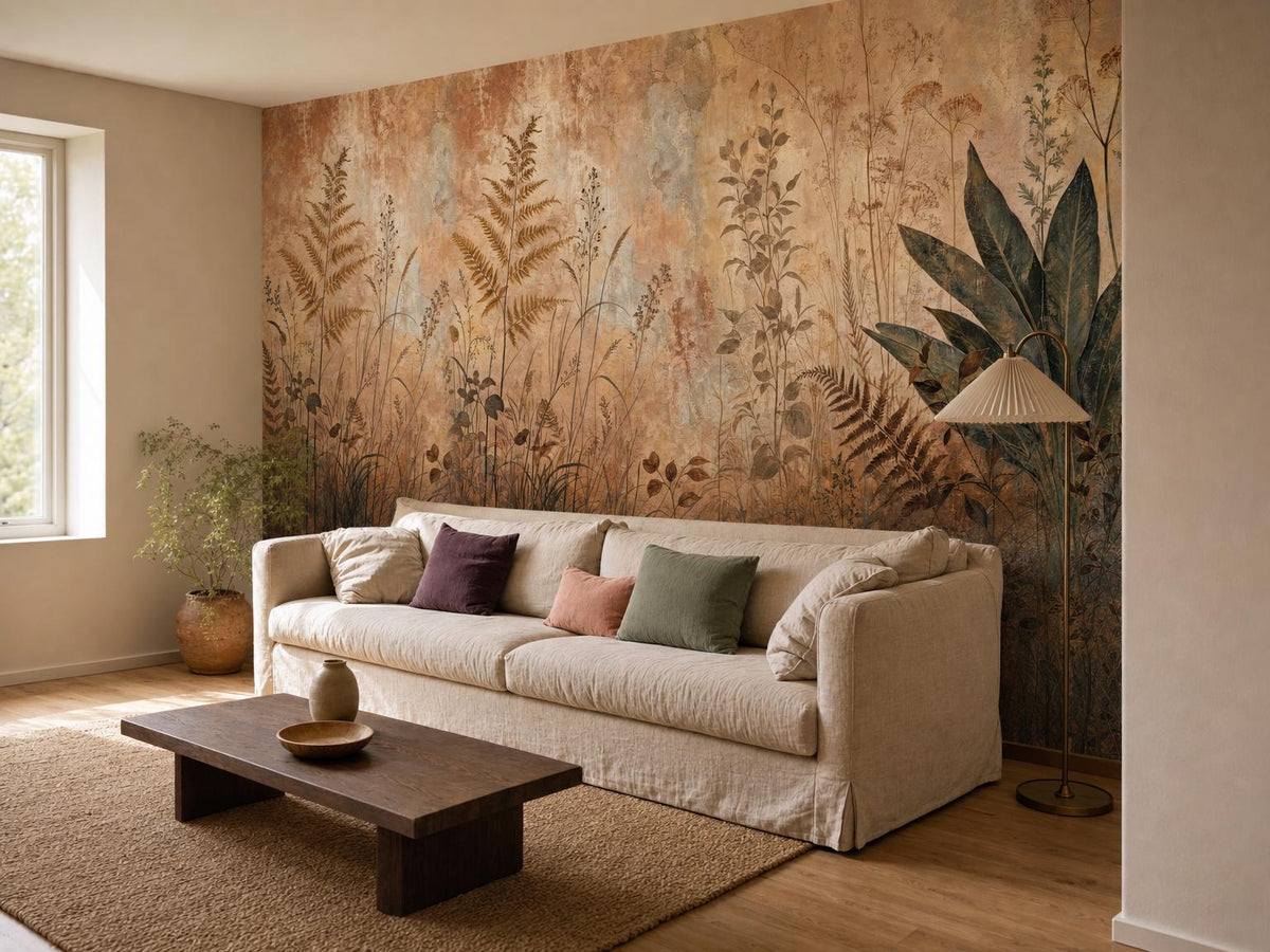 Corner room with the wildflower meadow mural, a linen sofa and a wooden coffee table