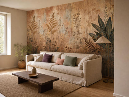 Corner room with the wildflower meadow mural, a linen sofa and a wooden coffee table