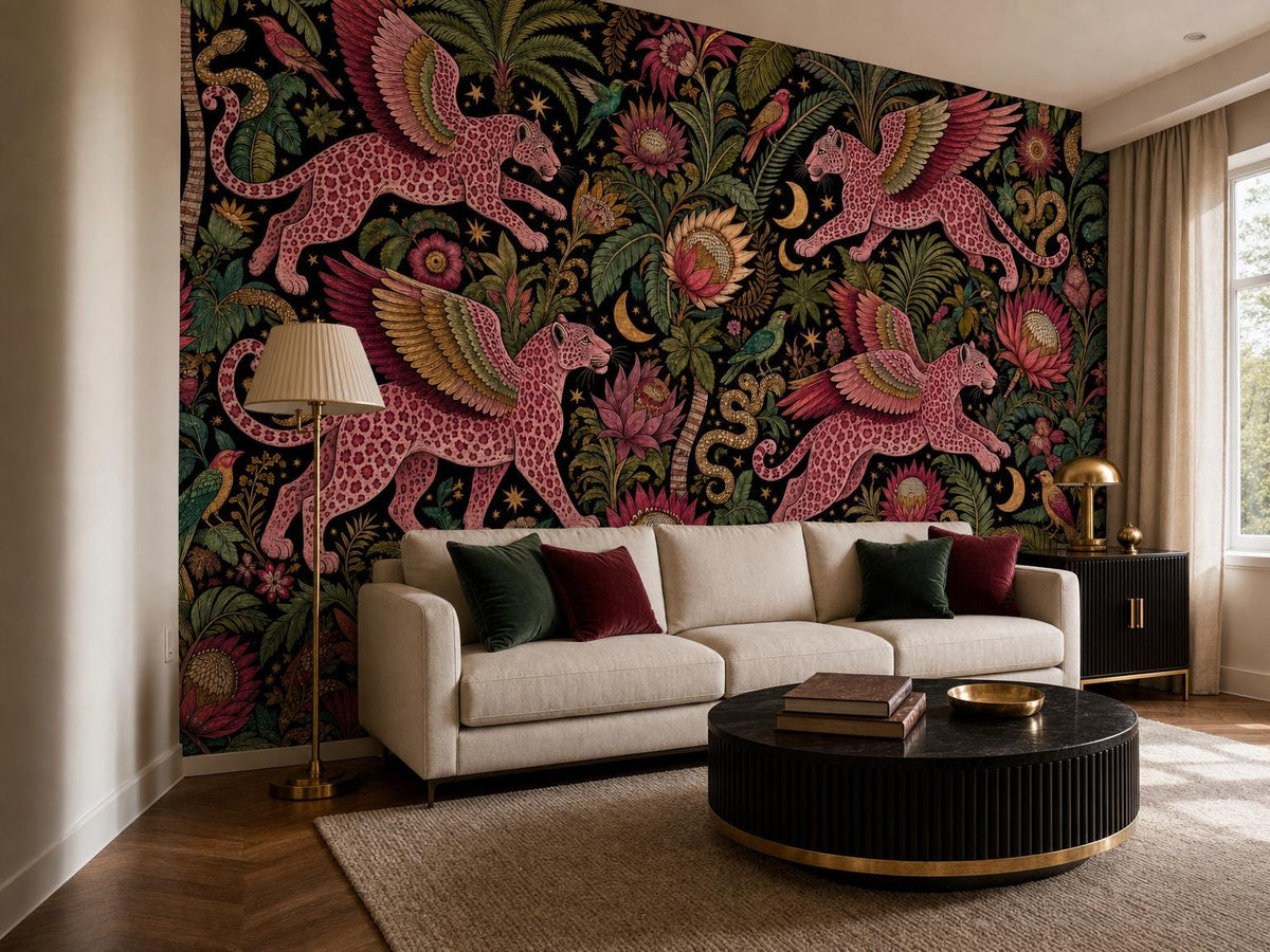 The leopard wallpaper across a living room wall, with a cream sofa and a round black coffee table
