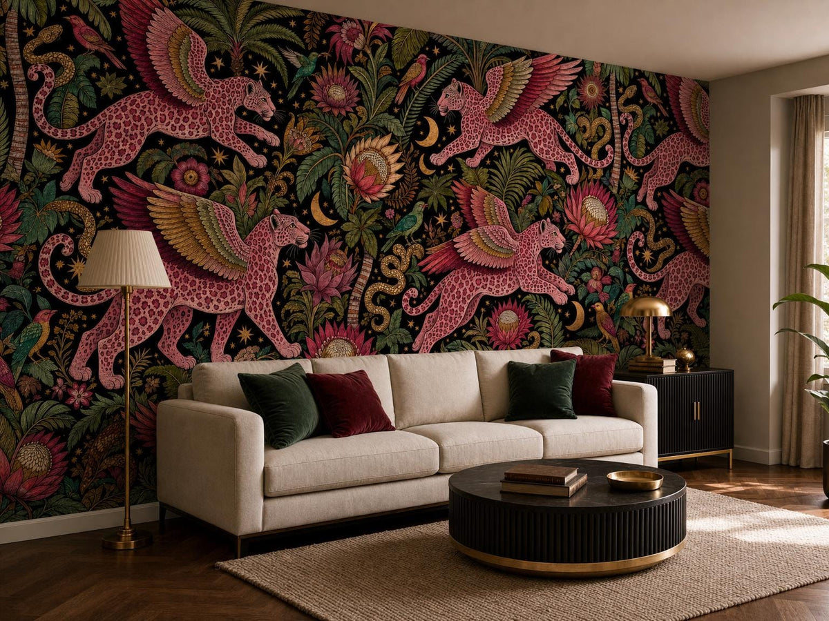 Corner room with the leopard jungle wallpaper, a cream sofa and a floor lamp